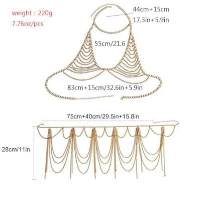 Chain Bra Rave Outfits for Women Gold Chain Skirt Layered Body Chain Set Bra Jewelry Beach Belly Chains (Bra + Skirt)