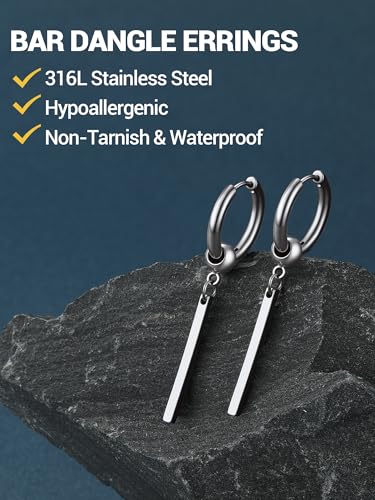 PROSTEEL Stainless Steel Huggie Hoop Earrings for Mens Gold/Black/Silver | Skull/Infinity Pattern, Spike/Cuban Links 4 Design Options Hypoallergenic Lightweight Earring Hip Hop Punk Gothic Jewelry - style: 08-Straight Dangle-Silver