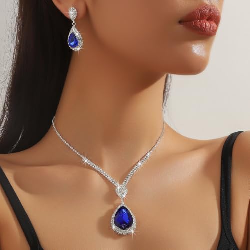 Fashion Red Black Colorful Bridal Teardrop Layered Crystal Necklace Earrings Set Sparkly Rhinestone Crystal Elegant Bridal Teardrop Shape Choker Earrings For Prom Costume Set Christmas Halloween Full Rhinestone Choker Necklace Earrings for Women - color: