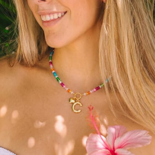 Initial Necklace for Women Colorful Beaded Necklaces Initial Heart Bubble Letter Necklace Summer Necklace Jewelry Gift - color: C