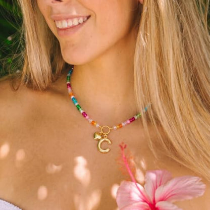Initial Necklace for Women Colorful Beaded Necklaces Initial Heart Bubble Letter Necklace Summer Necklace Jewelry Gift - color: C