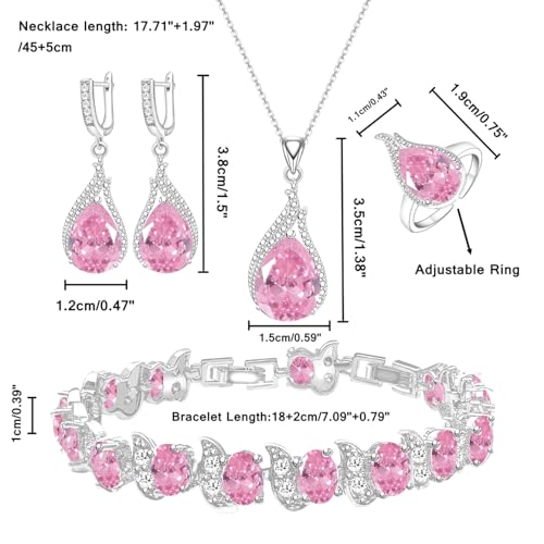 LMXXVJ Jewelry Set for Women,Teardrop Cubic Zirconia Necklace Earrings Adjustable Ring Bracelet Jewelry Set Formal Jewelry Gift - color: ZYSD-White Gold-Pink