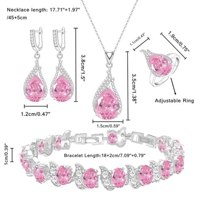 LMXXVJ Jewelry Set for Women,Teardrop Cubic Zirconia Necklace Earrings Adjustable Ring Bracelet Jewelry Set Formal Jewelry Gift - color: ZYSD-White Gold-Pink