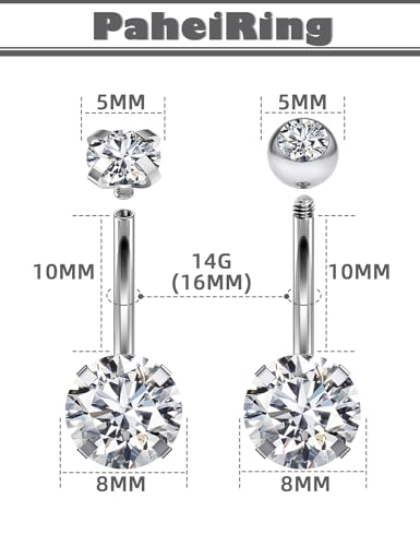 Long Belly Button Ring 6mm 8mm 10mm 12mm 14mm Surgical Stainless Steel Round Cubic Zirconia Navel Barbell Long Bar Belly Button Piercing Jewelry Silver, black, rose gold belly ring - color: 2pcs-10mm-White Belly ring Zircon+Diamond