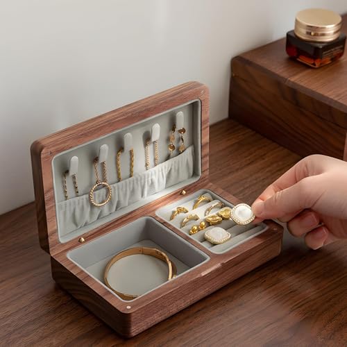 Small Wooden Jewelry Box, Vintage Delicate Walnut Wood Jewelry Case, Ideal Gift for Man Women, Protable Travel Jewelry Organizer (Gray, Small) - color: Gray