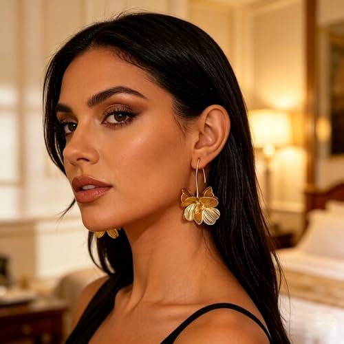 Gold Silver Flower Hoop Earrings for Women 14K Gold Plated Large Layered Flower Dangle Drop Earrings Wedding Party Holiday Birthday Gifts Lightweight Trendy Bohemian Jewelry Gift for Her - color: Golden-2