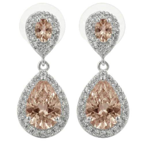 Mariell Cubic Zirconia Crystal Teardrop Dangle Bridal and Wedding Earrings, CZ Jewelry for Brides, Bridesmaids, Homecoming, Prom and Dressy Everyday Wear - color: Silver-Champagne Cubic Zirconia