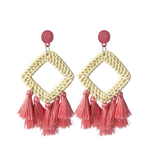 Bohemia Tassel Earrings Statement Handmade Dangle Ethnic Fringe Earrings Bamboo Weaving Geometric Square Sector Gifts for Women - color: B pink