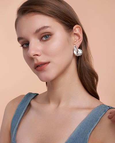 SNGIA 18K Gold Plated Chunky Statement Stud Earrings for Women by SNGIA, Geometric Square Triangle Irregular Knot Dome Earrings, Ribbed Ribbon Textured Gold Silver Fashion Jewelry Gift - style: Silver Plated, Curved