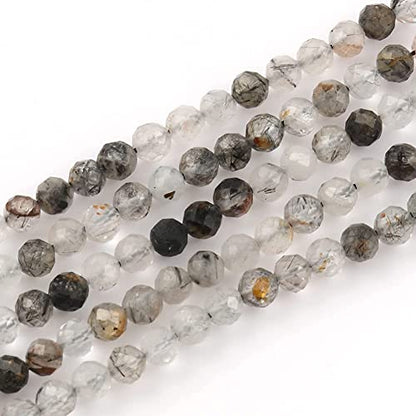 180pcs 2mm Natural Black Rutilated Quartz Gemstone Beads Faceted Round Loose Stone Beads for Jewelry Making (1 Strand) - color: Black Rutilated Quartz, size: 1.9-2.4mm