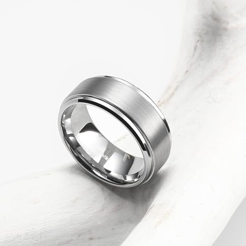 King Will Classic Tungsten Wedding Band for Men, 6/7/8/9/10mm Widths, Polished Finish Step Edge Matte Rings Comfort Fit - color: A-silver 8mm-New