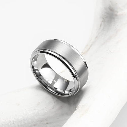 King Will Classic Tungsten Wedding Band for Men, 6/7/8/9/10mm Widths, Polished Finish Step Edge Matte Rings Comfort Fit - color: A-silver 8mm-New