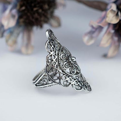 Filigranist 925 Sterling Silver Artisan Made Handcrafted Lace Embroidery Filigree Art Women Cocktail Statement Ring - style: Daisy