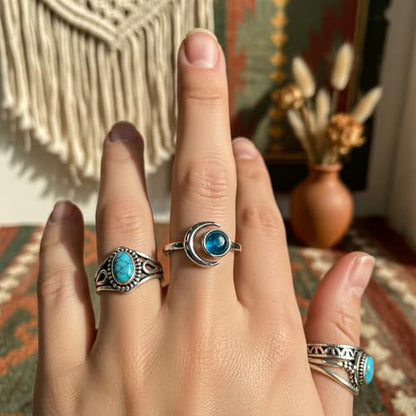 Sun and Moon Ring, Adjustable Natural Stone Rings for Women & Men, Boho Celestial Jewelry for Daily Wear - color: Apatite