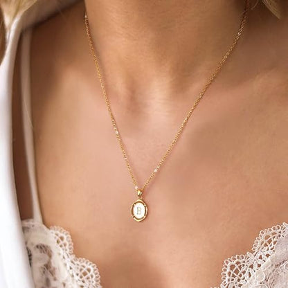 14K Gold Plated Initial Necklaces for Women, Letter Charm Pendant Necklace | Dainty Oval White Enamel Personalized Name Necklace, Trendy Jewelry with 16 inches Chain and 2 inches Extender - color: B