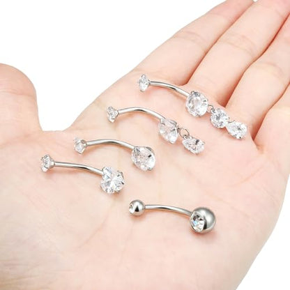Vsnnsns 14G Dangle Belly Button Ring Piercing Jewelry 316L Stainless Surgical Steel Round Heart Cubic Zirconia Navel Rings Dangling Belly Button Ring Piercing Jewelry for Women 14 Gauge Hypoallergenic - color: Silver-14MM Bar-Clear CZ