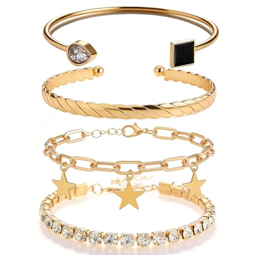 Alegend 14K Gold Plated Stackable Multilayer Bracelets + Titanium Steel(Not Rust, Resist Corruption, Easily Clean) 18K Gold Plated Single Bracelets - color: 14K Gold Crystal, Star & Black Stone