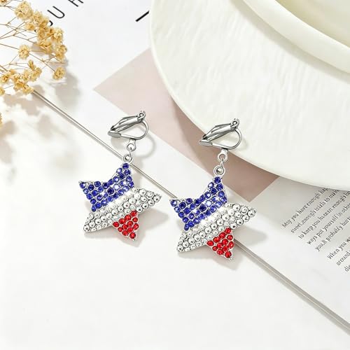 4th of July Independence Day Clip on Earring for Women American Flag Dangle Earrings Patriotic Red White Blue USA Earring, Pave Crystal Stud - color: Red