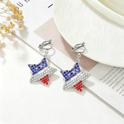 4th of July Independence Day Clip on Earring for Women American Flag Dangle Earrings Patriotic Red White Blue USA Earring, Pave Crystal Stud - color: Red