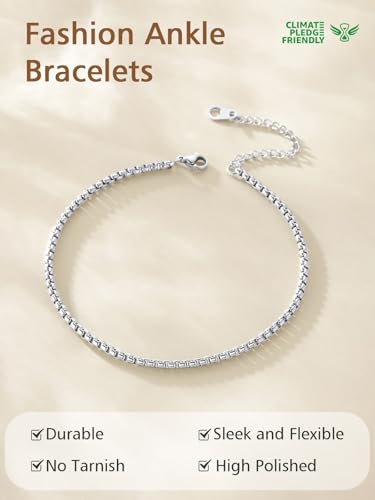 FindChic Stainless Steel Ankle Bracelets for Women, Waterproof Figaro/Cuban/Box/Beaded Chain Anklets, Summer Beach Foot Jewelry, 8.5''-10.5'' Adjustable Length, with Gift Box - style: Box Chain-Silver