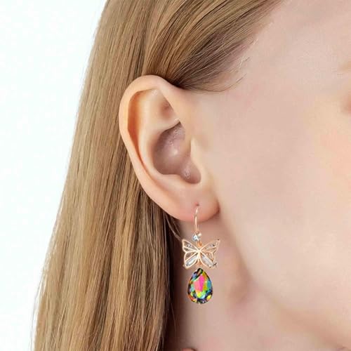 Austrian Crystal Teardrop Butterfly Drop Dangle Earrings for Women 14K Rose Gold Plated Hypoallergenic Jewelry - color: Vitrail Medium