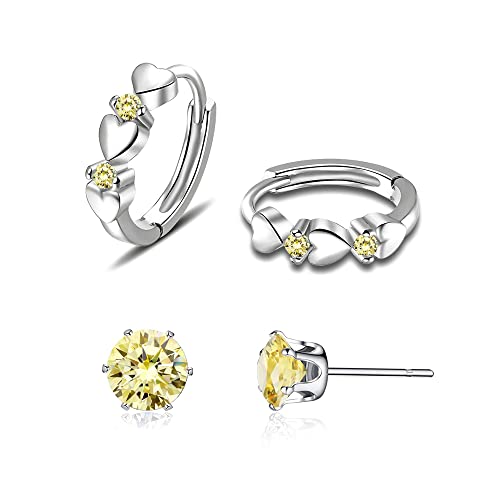 CiNily 14K White Gold Plated Small Hoop Earrings for Women Girls Heart Cubic Zirconia Hypoallergenic Earrings - color: Studs set-silver-light yellow