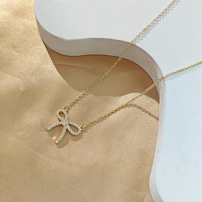Luxval Diamond Pendant Gold Necklace for Women，Dainty 18k Gold Plated Choker Necklaces Simple Gold Jewelry Gifts for Women - color: Gold-CZ bow