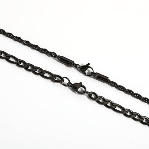 Layered Stainless Steel Chain Necklaces for Men Boys, 2Pcs Cuban Link/Rope/Herringbone Chains Jewelry Gifts, 16 "/18 ", 18 "/20 ", 20 "/22 ", 22 "/24 " - color: Black, size: 22IN/24IN, style: Figaro/ Rope Chain Set