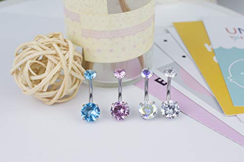 HQLA 14G Belly Button Rings Surgical Stainless Steel Round Cubic Zirconia Navel Barbell Stud Body Piercing - color: 4Pcs(Clear+AB Color+Pink+Blue)