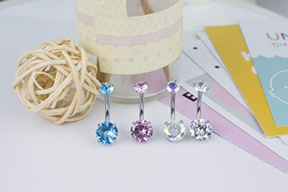 HQLA 14G Belly Button Rings Surgical Stainless Steel Round Cubic Zirconia Navel Barbell Stud Body Piercing - color: 4Pcs(Clear+AB Color+Pink+Blue)