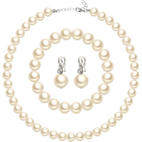 3 Pcs Pearl Jewelry Set Faux Pearl Clip on Earring Necklace Bracelet for Women Bridesmaid Birthday Wedding Gift - color: Beige, size: 12 mm