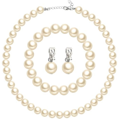 3 Pcs Pearl Jewelry Set Faux Pearl Clip on Earring Necklace Bracelet for Women Bridesmaid Birthday Wedding Gift - color: Beige, size: 12 mm