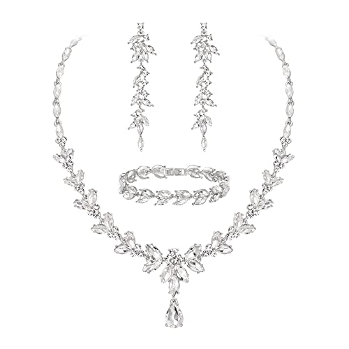 EVER FAITH Marquise Crystal Leaf Bridal Prom Jewelry Set for Women Bride | Rhinestone Wedding Party Necklace Dangle Earrings Tennis Bracelet, for Bridesmaid - color: Clear
