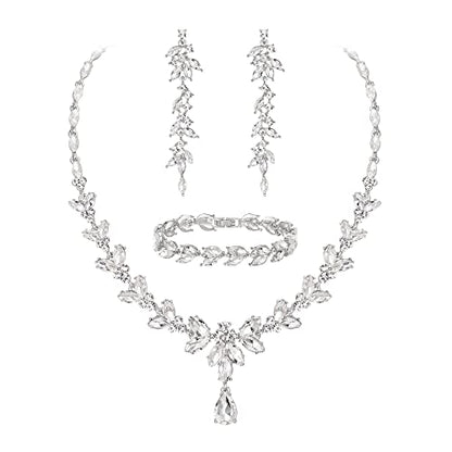 EVER FAITH Marquise Crystal Leaf Bridal Prom Jewelry Set for Women Bride | Rhinestone Wedding Party Necklace Dangle Earrings Tennis Bracelet, for Bridesmaid - color: Clear