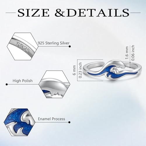 Sariel 925 Sterling Silver Toe Rings for Women Boho Adjustable Mid Finger Rings Summer Vacation Ocean Beach - color: Waves
