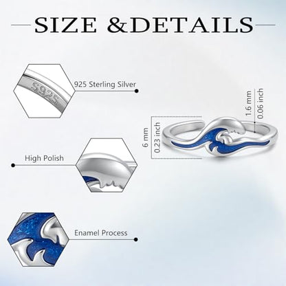 Sariel 925 Sterling Silver Toe Rings for Women Boho Adjustable Mid Finger Rings Summer Vacation Ocean Beach - color: Waves