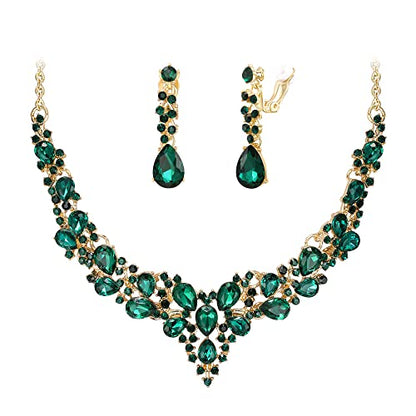 Wedding Statement Necklace Clip-on Earrings Jewelry Set | Sparkling Austrian Crystal Teardrop Cluster for Party Prom Accessories - color: 14-Emerald Color Gold-Tone