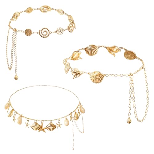 3 Pcs Gold Chain Belt for Women, Adjustable Waist Chain with Clover Butterfly Disc Pendants, Body Jewelry, Boho Belts for Women, Summer Beach Party - color: Gold-4
