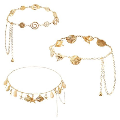 3 Pcs Gold Chain Belt for Women, Adjustable Waist Chain with Clover Butterfly Disc Pendants, Body Jewelry, Boho Belts for Women, Summer Beach Party - color: Gold-4