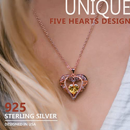 5 Heart I Love You Necklace for Women, Birthstone Crystal Pendant, Birthday Gift for Her, Wife, Mom, Rose Gold or Gunmetal Plated, 925 Sterling Silver Chain 18"+2" - color: 11-November-Citrine Yellow-Rose Gold Plated