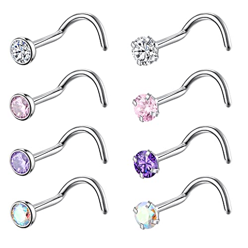 8PCS G23 Titanium Twist Screw Nose Studs 18G 20G Nose Rings 2mm 2.5mm 3mm Clear Pink Purple Aurora CZ Gold Nose Piercing Studs Nostril for Women Men - style: 18g silver mix-color cz 3mm