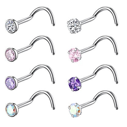 8PCS G23 Titanium Twist Screw Nose Studs 18G 20G Nose Rings 2mm 2.5mm 3mm Clear Pink Purple Aurora CZ Gold Nose Piercing Studs Nostril for Women Men - style: 18g silver mix-color cz 3mm