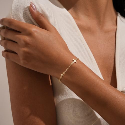 Bracelets for Women, Dainty Gold Silver Ring Bracelet Hand Chain | Cubic Zirconia Pearl Charms, 14K Gold Plated, Adjustable Fit, Trendy Stackable Link Chain, Waterproof Jewelry, Gift for Her - color: Gold-cross cz bracelet