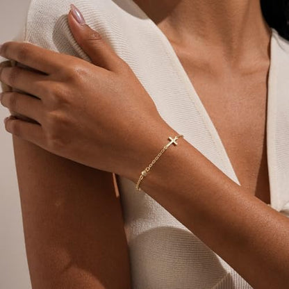 Bracelets for Women, Dainty Gold Silver Ring Bracelet Hand Chain | Cubic Zirconia Pearl Charms, 14K Gold Plated, Adjustable Fit, Trendy Stackable Link Chain, Waterproof Jewelry, Gift for Her - color: Gold-cross cz bracelet