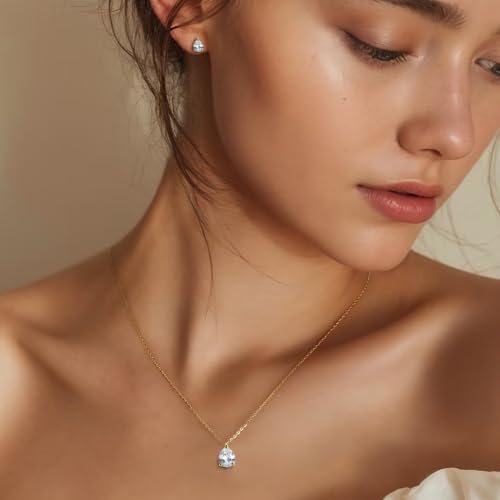 5A Cubic Zirconia Hypoallergenic Necklace and Earrings Set for Women, Dainty Stainless Steel Teardrop Solitaire Jewelry Sets Gift for Her - color: Gold