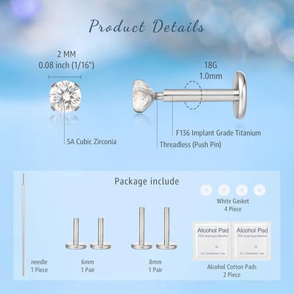 limerencia G23 Hypoallergenic 18g Flat Back Stud Earrings | F136 Implant Grade Titanium Pressfit Threadless Push Pop in Cartilage Helix Labret Lip Monroe Tragus Flat Back Piercing Studs - color: 2mm White CZ Silver
