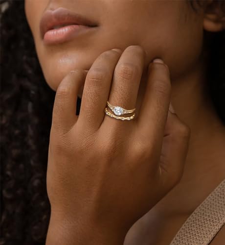iF YOU Gold Rings for Women Non Tarnish, Dainty 14K Gold Plated Stackable Cubic Zirconia Knuckle Ring Set, Trendy Statement Promise Wedding Bands Stacking Engagement Rings Size 6 7 8 9 10