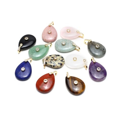 LE SKY Natural Stone Pendants Healing Crystal Gemstones with Rhinestone Charms for jewelry Making Necklace DIY Craft Gift - color: water drop