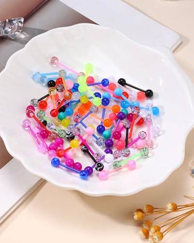 64Pcs 14G Glow in Dark Flexible Acrylic Piercing Jewelry for Women | Straight Tongue Barbell Nipple Ring Retainer Piercing Jewelry 14mm Bar
