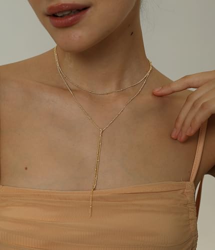 Dainty Gold Necklace for Women, Cute Long Necklace 14K Gold Plated CZ Lips Bead Y Shaped Lariat Necklace Simple Gold Choker Necklace Aesthetic Drop Necklace Trendy Gold Jewelry for Women - color: Gold-Satellite Y Necklace